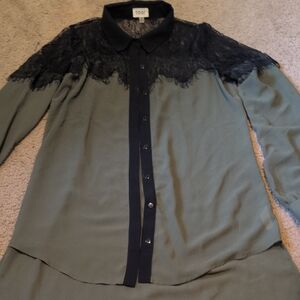 Tobi Black and Green Lace Button Down Shirt